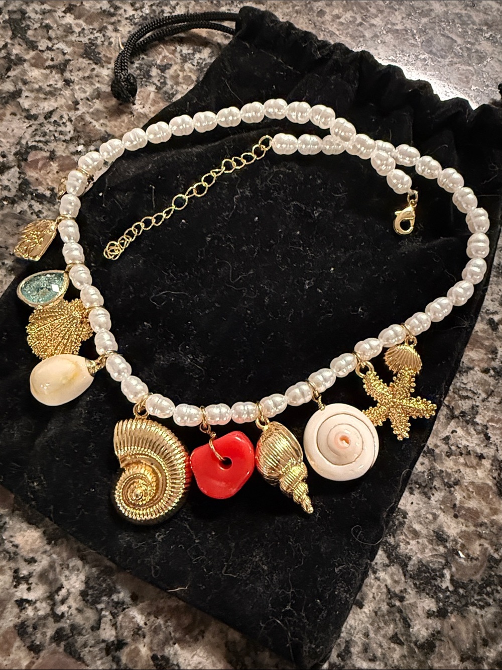 Pearl Beaded Shell Charm Necklace with Red Heart Accent